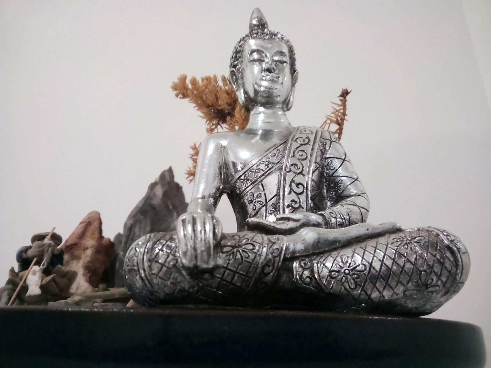 A statue of the Buddha sitting in meditative posture, hands resting in dhyana mudra