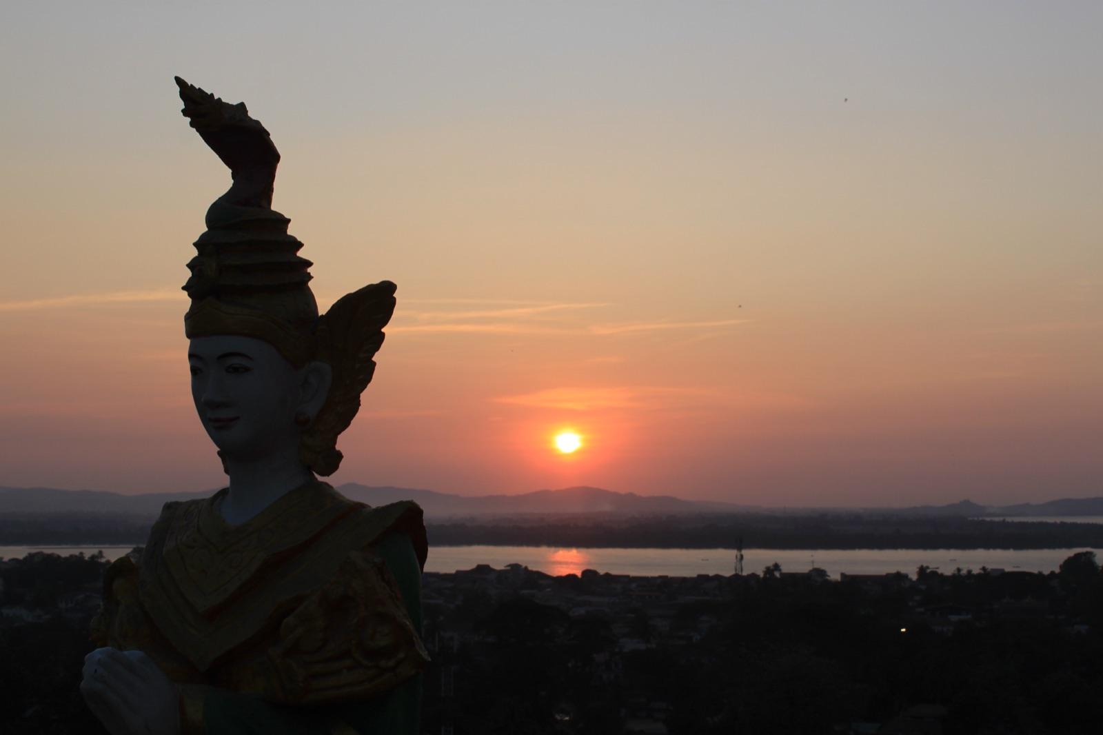 Sunset behind Kyaikthanlan Pagoda in Mawlamyaing, Myanmar