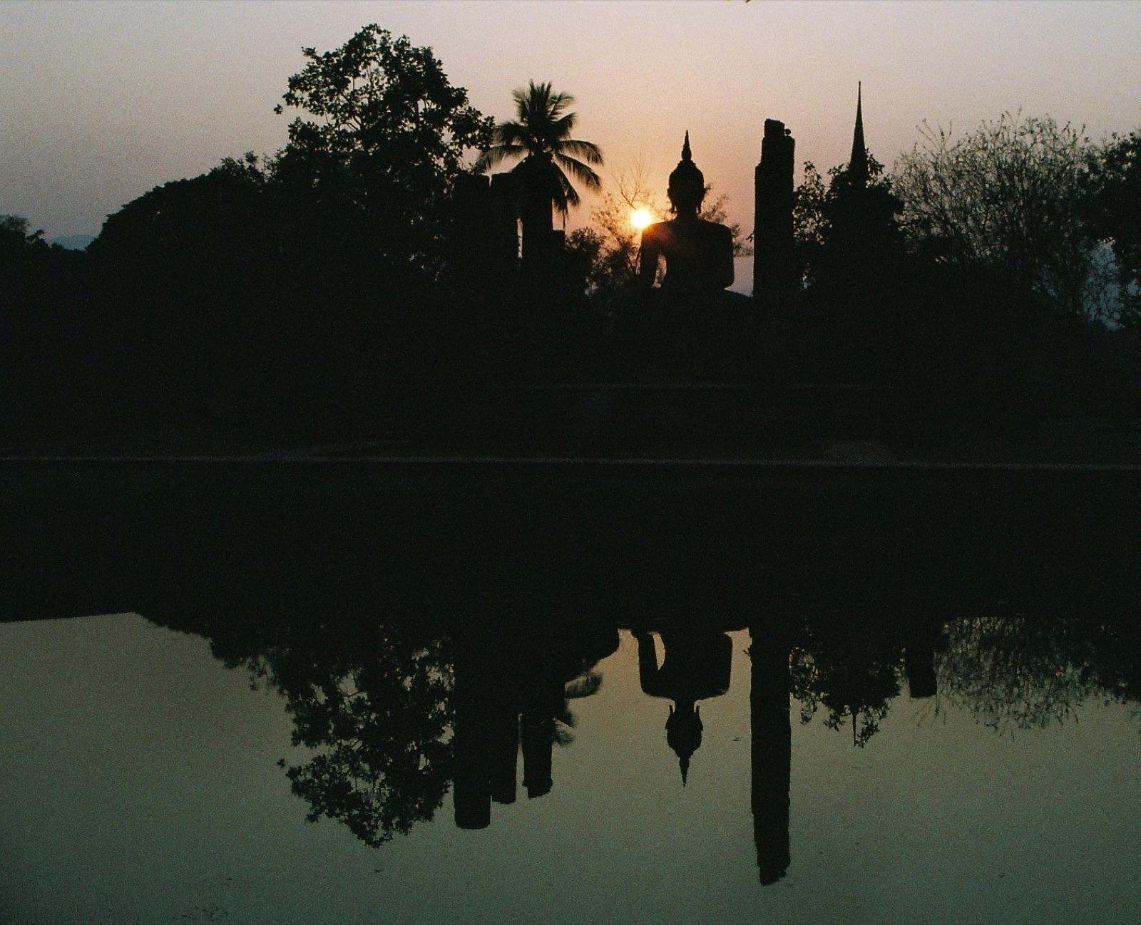 A seated Buddha statue beside a quiet garden pool at sunset