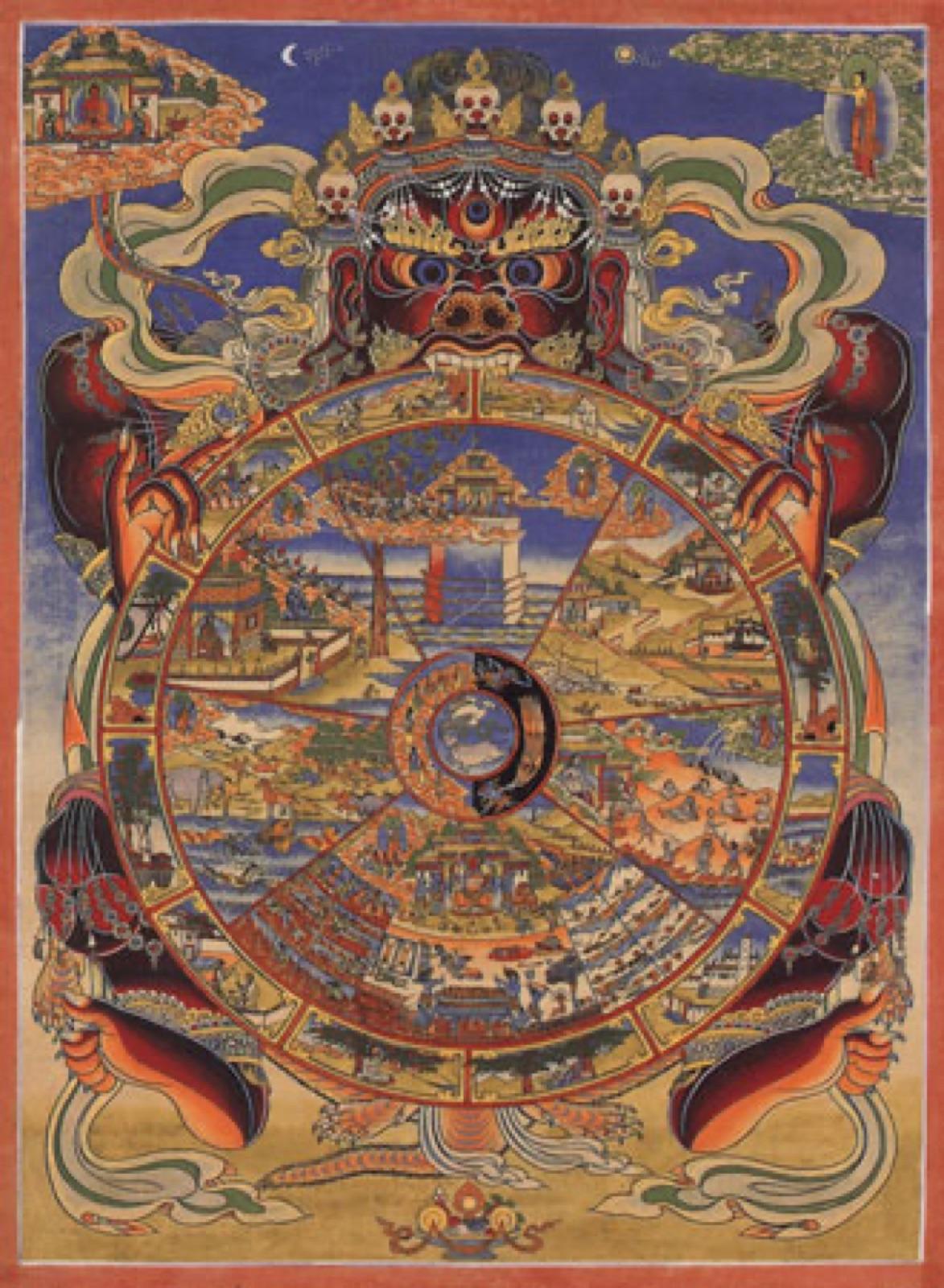 A traditional Tibetan Bhavachakra (Wheel of Becoming) depicting the six realms of rebirth
