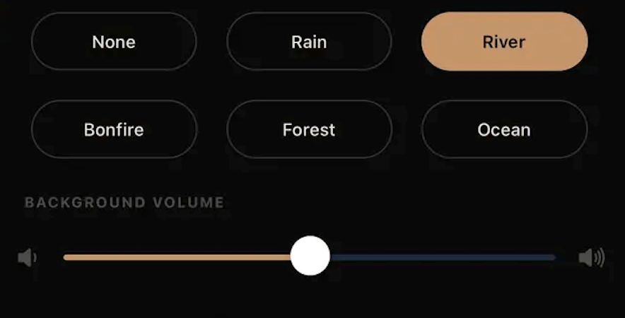Ambient sound options: Rain, River, Bonfire, Forest, Ocean with volume control