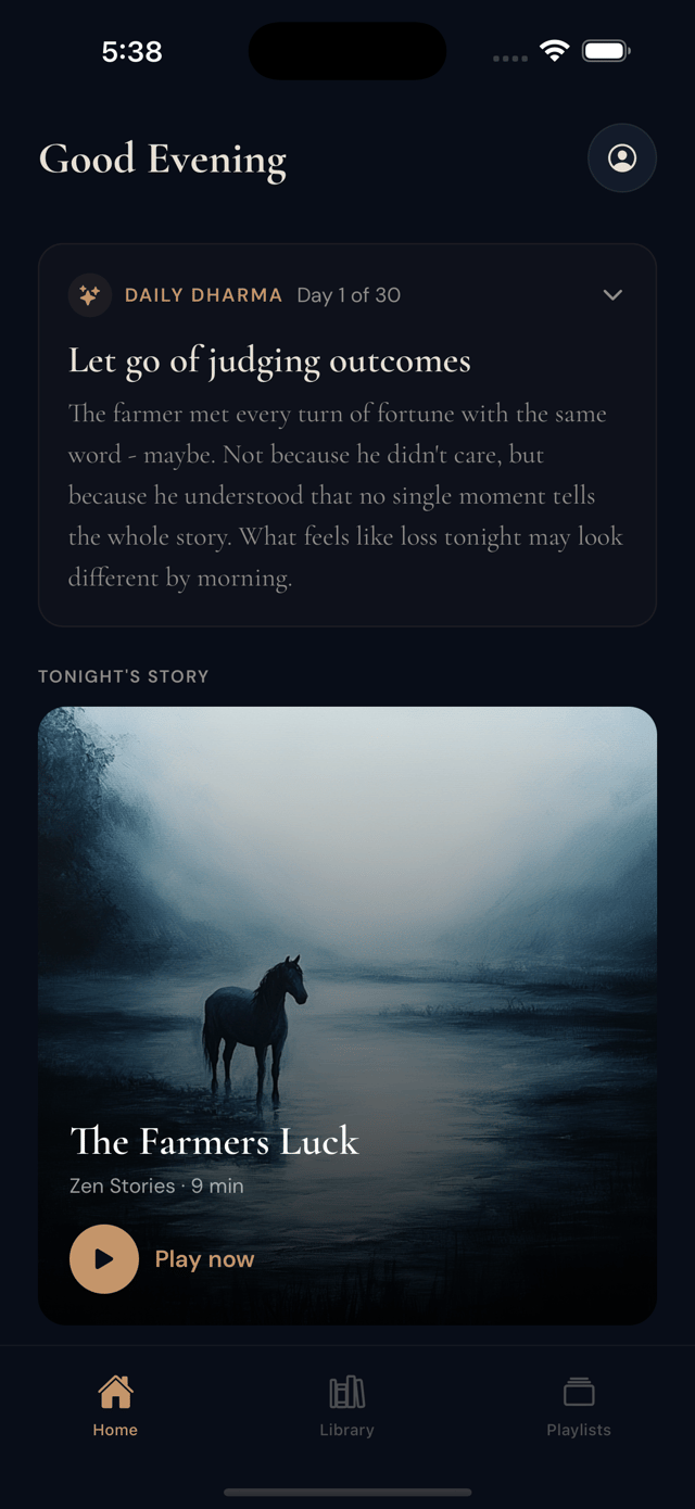 Home screen with tonight's story and daily dharma