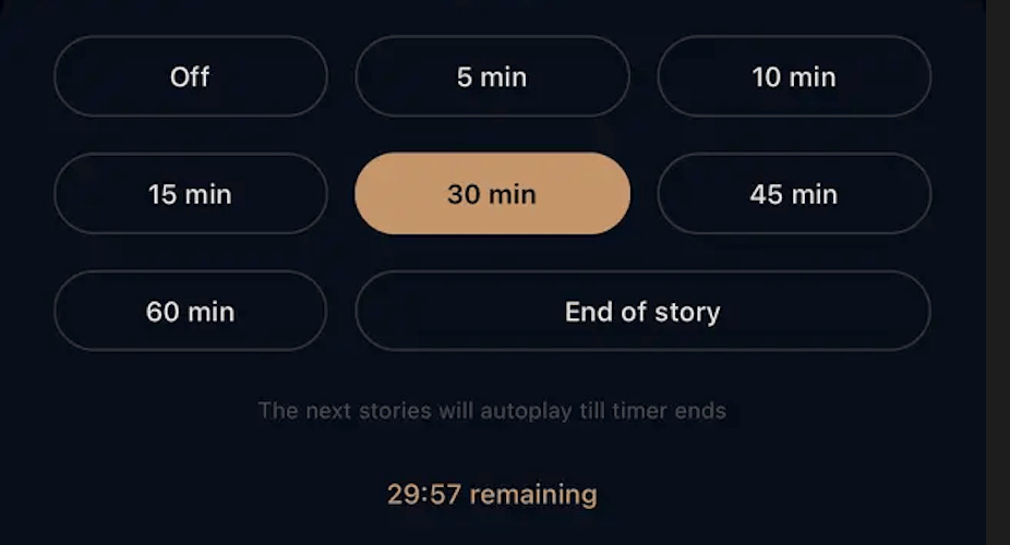 Timer options from 5 to 60 minutes with end of story option