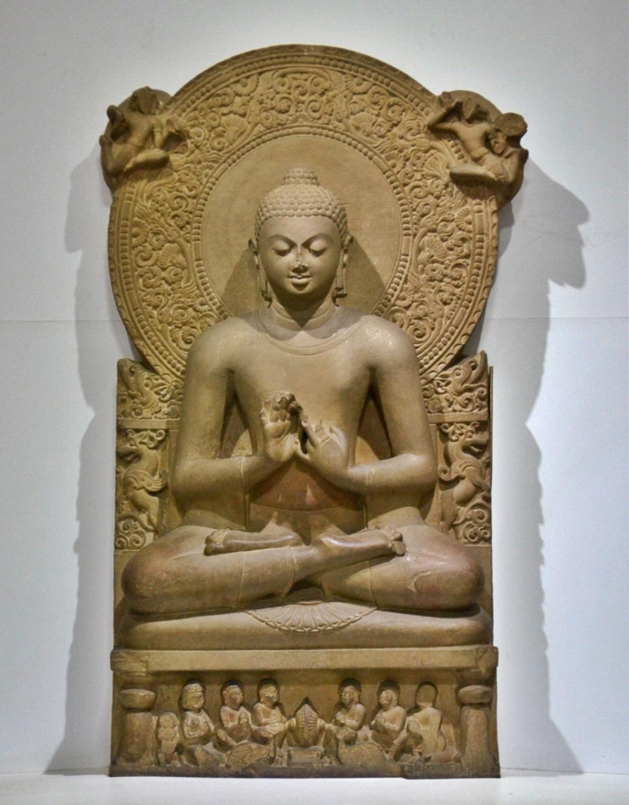 Sandstone seated Buddha from 4th-century Sarnath, dharmachakra mudra